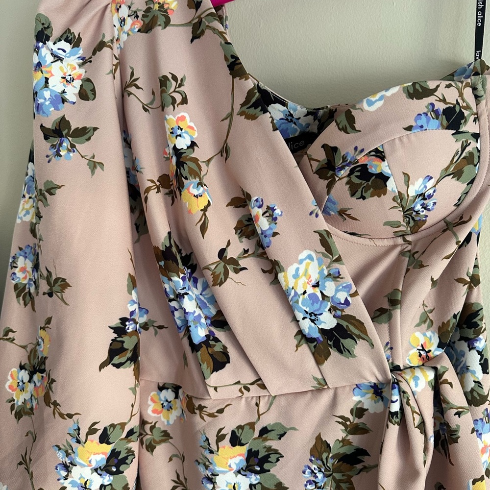 Lavish Alice Blush Beige Floral Wrap Dress with Blue & Yellow Blooms